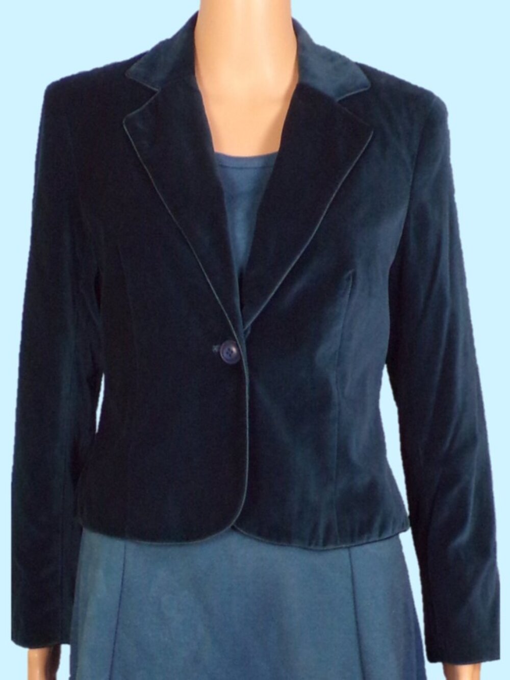 NORTON McNAUGHTON PETITES size 8P teal-blue velvet blazer 100% cotton dry clean